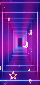 Vibrant neon wallpaper with stars and crescents surrounded by geometric shapes.