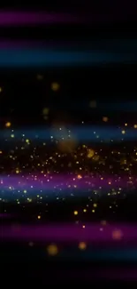 Vibrant neon sparkle wallpaper with gold particles on a purple-blue background.