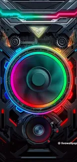 Neon speaker design with vibrant colors on a black background.