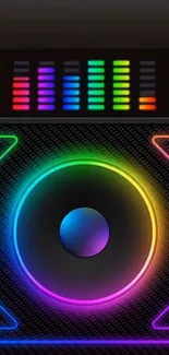 Neon speaker wallpaper with rainbow equalizer.