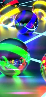 Neon spheres glowing on a grid background.