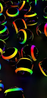 Vibrant neon spheres on black background mobile wallpaper.