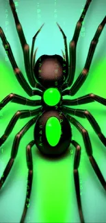 Neon green artistic spider on abstract background.