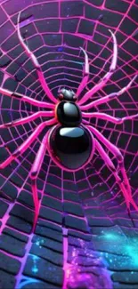 Vibrant neon spider on a colorful glowing web, perfect for phone wallpaper.