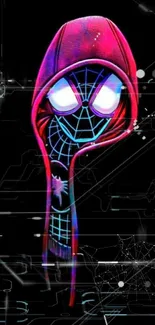 Neon spider hero in red hood on black background.