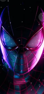 A vivid neon Spider-Man mask with pink and blue hues on a dark background.