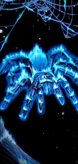 Blue neon spider with webs on dark background wallpaper.