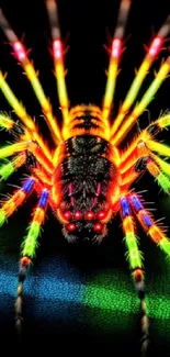 Neon rainbow spider on dark background mobile wallpaper.