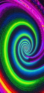 Colorful neon spiral abstract wallpaper with vibrant swirling patterns.