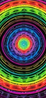 Vibrant neon spiral design with rainbow colors on a black background.