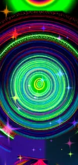 Vibrant neon spiral pattern with glowing concentric circles and stars.