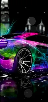 Vibrant neon sports car with a colorful design and glowing lights on a black background.