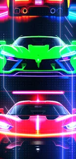 Dynamic neon sports cars in vibrant colors on a mobile wallpaper.