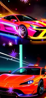 Futuristic neon sports car depicted in vibrant colors.