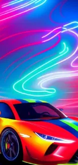 Vibrant neon sports car with colorful lights.