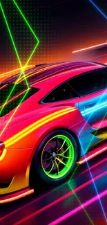 Vibrant neon sports car speeding through digital artwork.