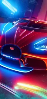 Vibrant sports car with neon lighting in a futuristic setting.