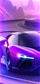 Neon sports car on winding road with vibrant purple hues.