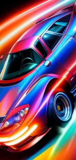 Vibrant neon sports car with colorful streaks on the phone wallpaper.