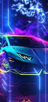 Vibrant neon sports car with colorful accents against a dark background.