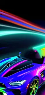 Vibrant neon sports car with colorful light trails in motion.