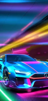 Vibrant neon sports car driving through a futuristic cityscape at night.