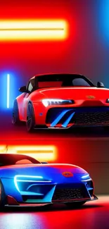 Neon sports cars under bright lights.