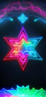 Vibrant neon star against a dark background, featuring multicolored glowing elements.