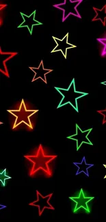Neon stars glowing on a black background.