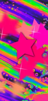 Vibrant neon stars on a colorful abstract background wallpaper.