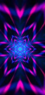 Vibrant neon starburst wallpaper with pink and blue hues.