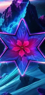 Vibrant neon star and cosmic mountain wallpaper.