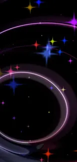 Vibrant neon starry spiral wallpaper with colorful accents.