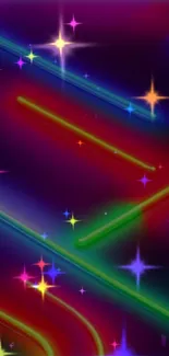 Vibrant neon mobile wallpaper with colorful stars and streaks.