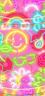 Colorful neon stars and shapes on a pink background.