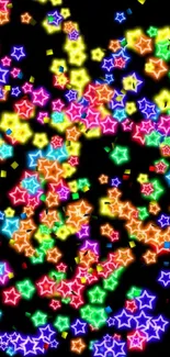 Vibrant neon stars on a dark background mobile wallpaper.