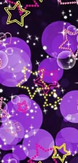 Purple neon wallpaper with stars and bubbles.