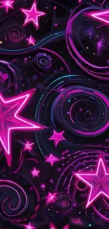 Neon stars on dark swirling background.