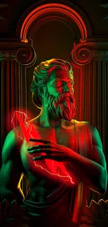 Neon green statue with red light on a mobile wallpaper.