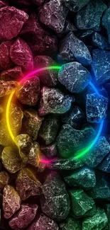 Colorful neon circle on stone background wallpaper.