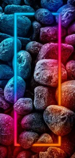 Vibrant mobile wallpaper with neon stones and glowing frame.