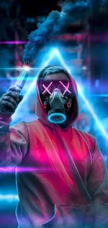 Neon-lit hooded figure with gas mask in urban setting.