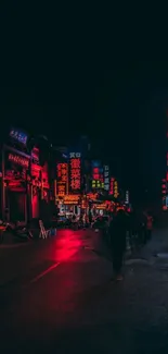 Urban neon street at night with vibrant colors.