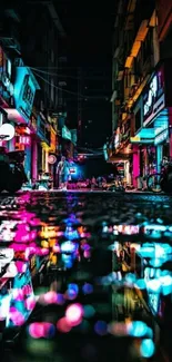 Reflective neon-lit urban street at night.