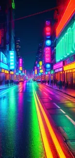 Vibrant neon-lit city street at night with colorful reflections on wet pavement.