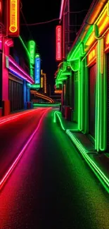 Vibrant neon city street with glowing lights and colorful signs.