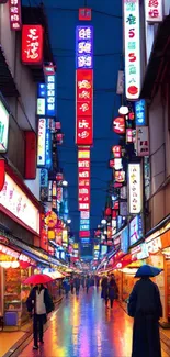 Vibrant neon-lit street market at night.