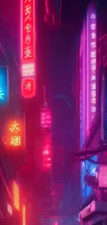 Vibrant neon street with colorful glowing signs.