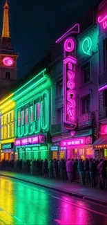 Vibrant neon-lit street with colorful reflections on wet pavement.