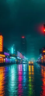 Vibrant urban street with neon lights at night.